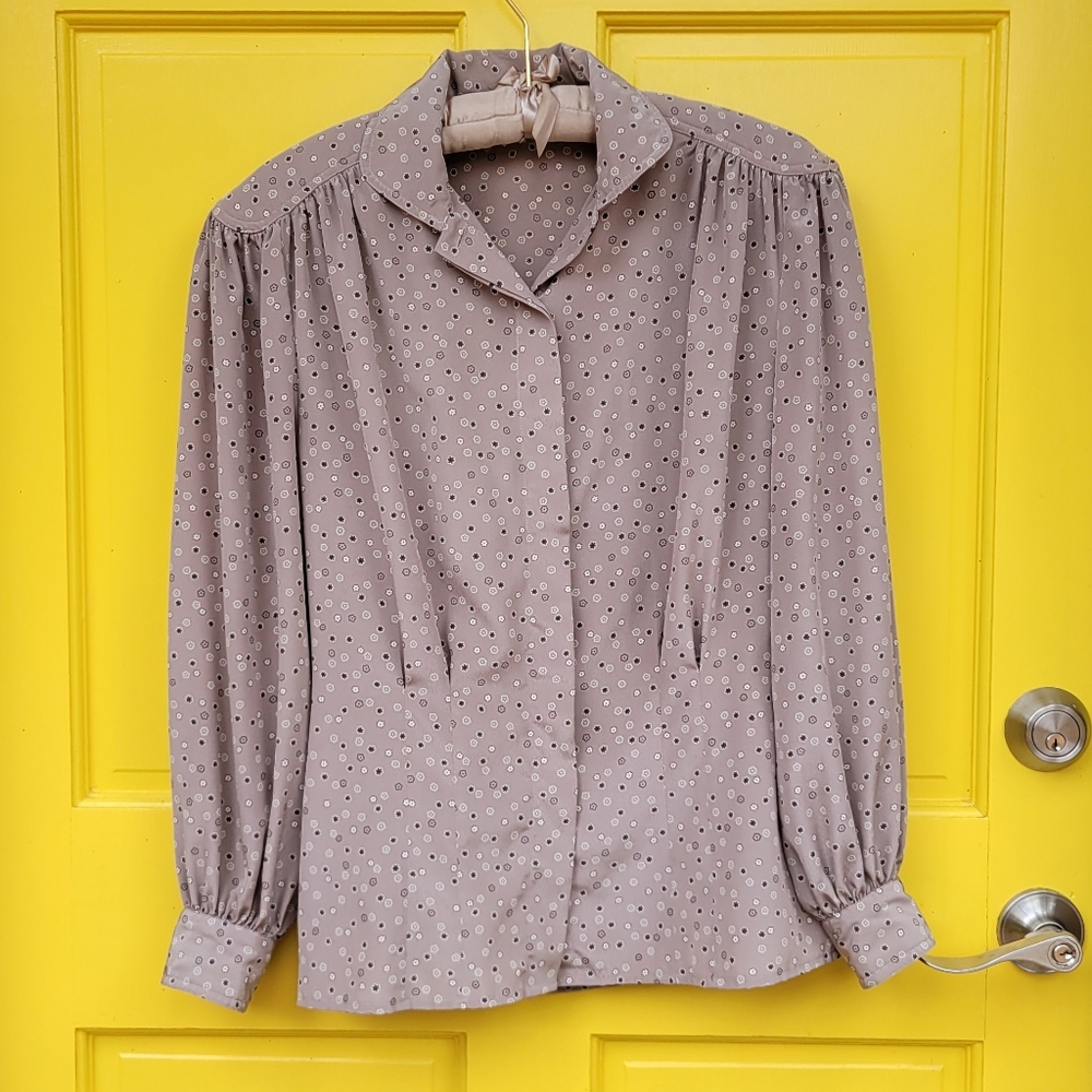 Vintage Evan-Picone Taupe Micro Floral Secretary Blouse Officecore M